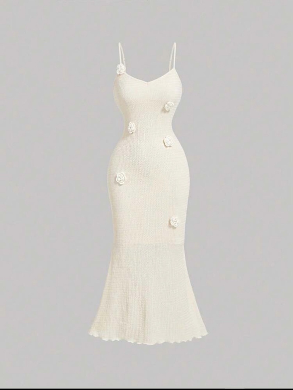 Cream Knit Spaghetti-Strap Midi Dress with Floral Appliqués